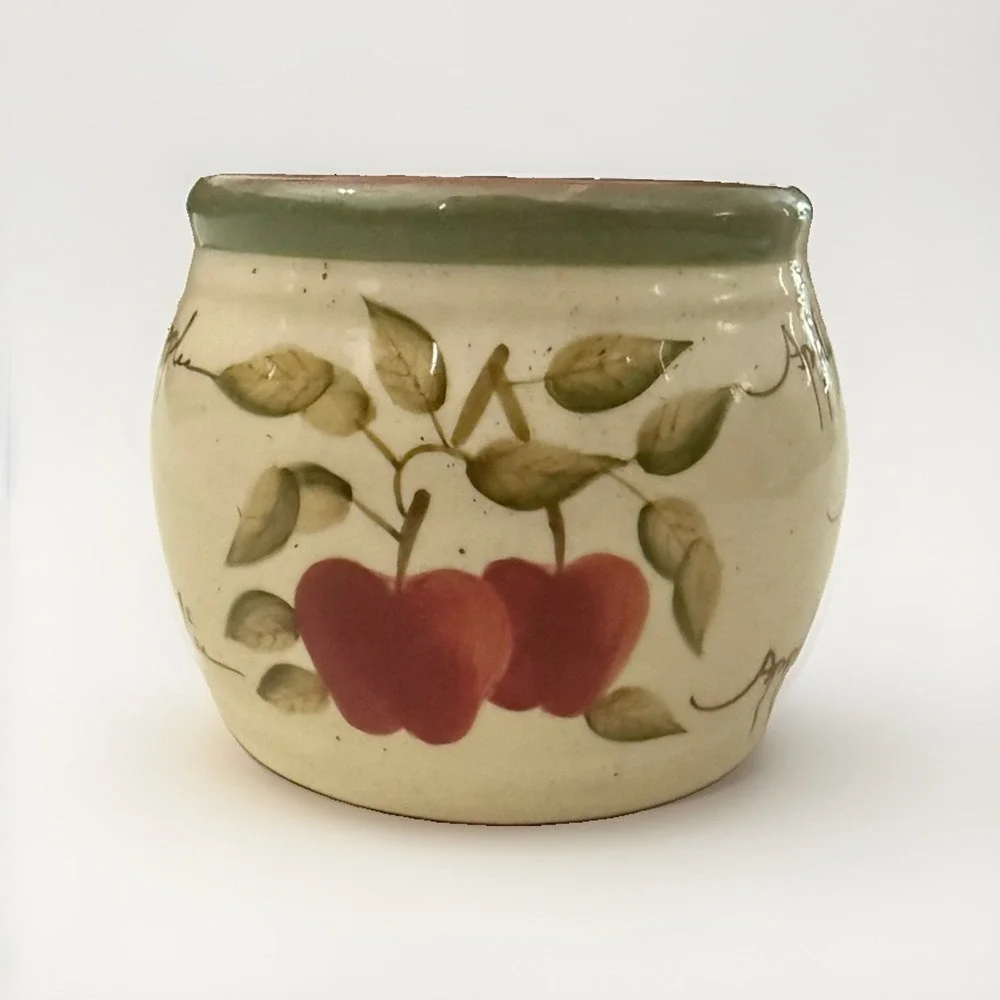 Vintage Small Apple Stoneware Crock Utensil Holder Vase 2.75